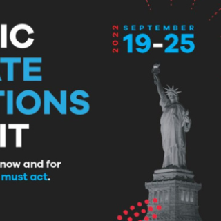 Nighttime photo of the Statue of Liberty advertising the "Holistic Climate Solutions Summit. To save our planet, both now and for generations to come, we must act. Sept 19-25, 2022. Tzu Chi Center. UUA Office at the United Nations: Co-Organizing Partner."