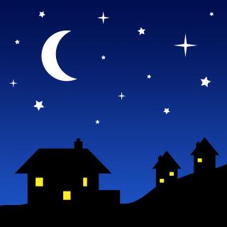 three houses in silhouette on a hill at night, windows lit and stars above
