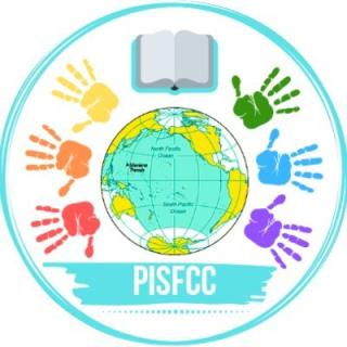 Logo of Pacific Island Students Fighting Climate Change: An open book over a map of the earth ringed by rainbow-colored handprints
