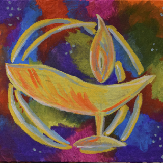 painting of a UU chalice over a splashy colorful background